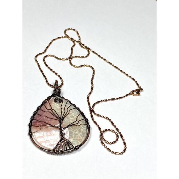 Necklace Mother of Pearl Tree of Life Wire Work Cooper Rose Gold Tone Chain 23” - Picture 2 of 13